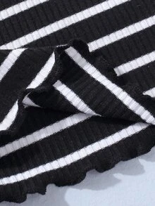 SHEIN Toddler Girls 2pcs Striped Lettuce Trim Tee - Black and White - View 4