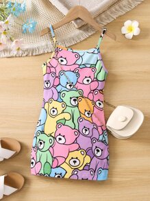 Vestido sin mangas adorable para niña joven con osito de dibujos animados en colores brillantes y tirantes para primavera y verano