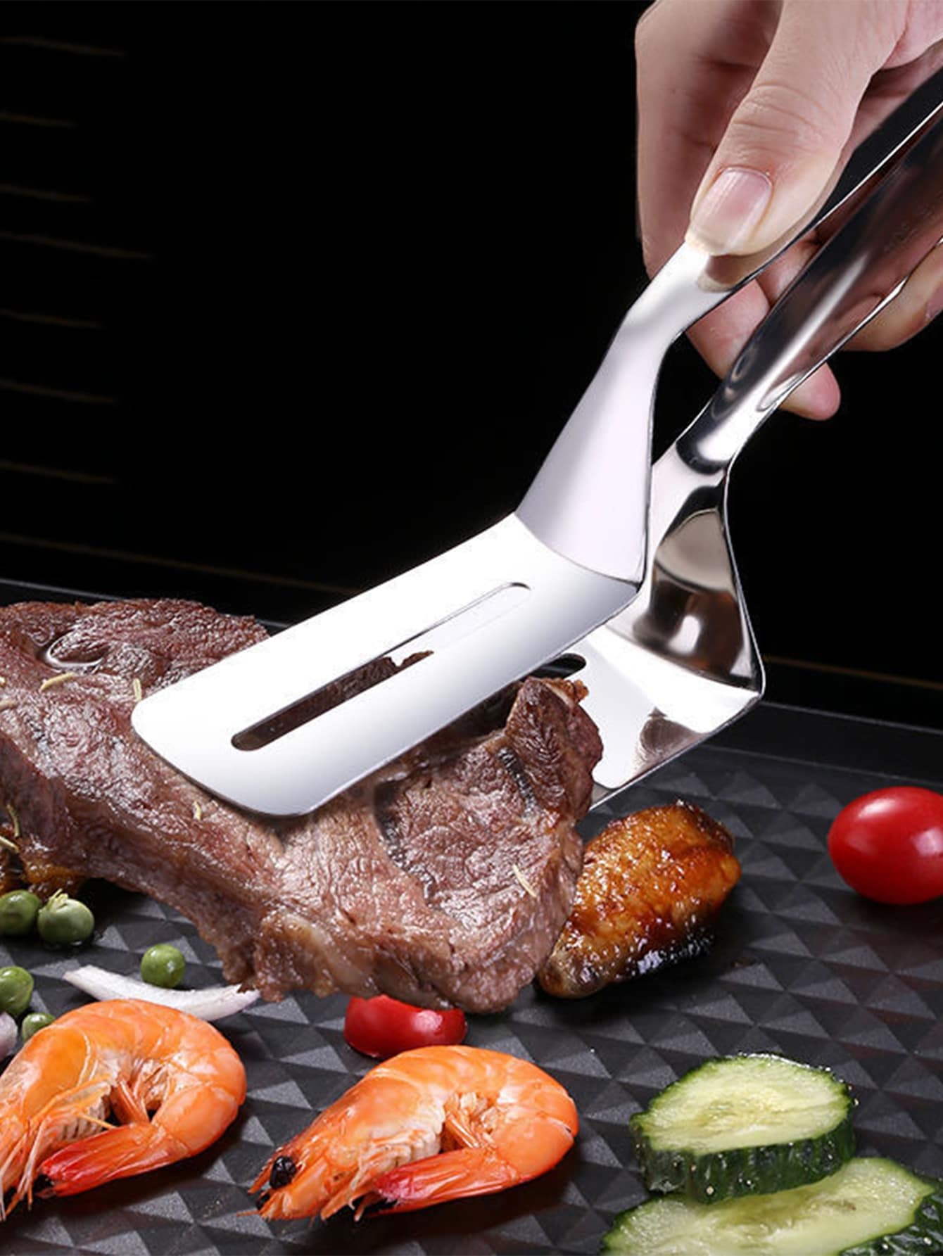 1pc Stainless Steel Food Tongs, BBQ Bread Clip, Durable Frying Shovel Clip, Fried Fish Shovel, Household Kitchenware - Silver - View 1