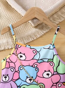 Vestido sin mangas adorable para niña joven con osito de dibujos animados en colores brillantes y tirantes para primavera y verano