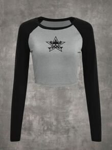 ROMWE Grunge Punk Star Print Raglan Sleeve Tee - Multicolor - View 1