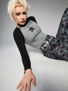 ROMWE Grunge Punk Star Print Raglan Sleeve Tee - Multicolor - View 5