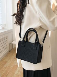 Mini Snakeskin Embossed Square Bag - Black - View 4