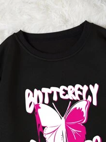 SHEIN EZwear Letter & Butterfly Print Thermal Pullover - Black - View 6
