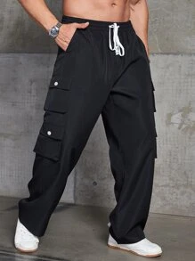Manfinity Men Flap Pocket Drawstring Waist Cargo Trousers - Black - View 4