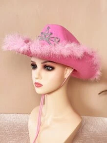 1pc Fashion Women Accessories Rhinestone Crown & Feather Decor Hat Cowboy Hat - Pink - View 2