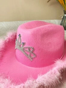 1pc Fashion Women Accessories Rhinestone Crown & Feather Decor Hat Cowboy Hat - Pink - View 3