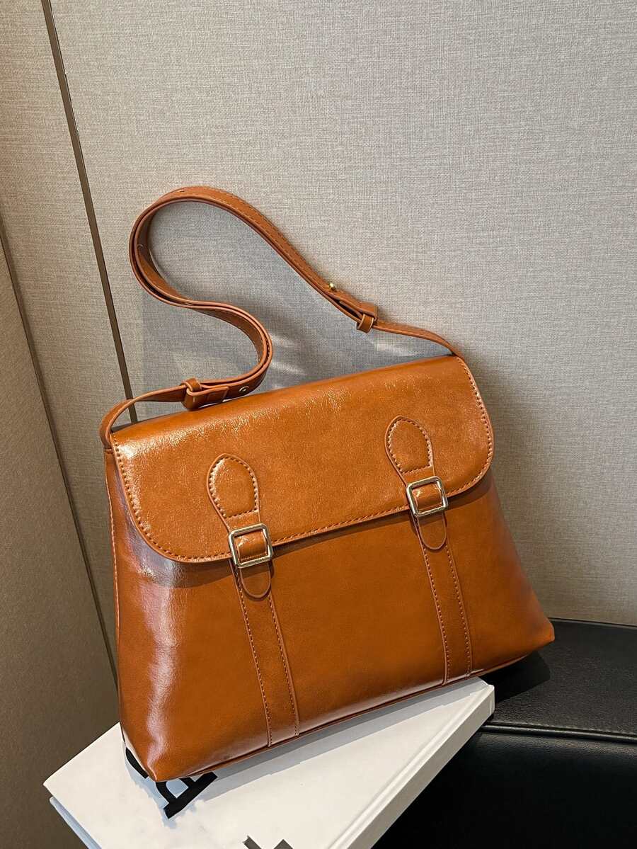 Bolsa cuadrada con diseño de hebilla con solapa - Marrón - Ver 1