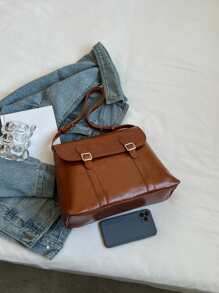 Bolsa cuadrada con diseño de hebilla con solapa - Marrón - Ver 4