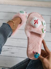 Mahjong Decor Fluffy Novelty Slippers - Baby Pink - View 1