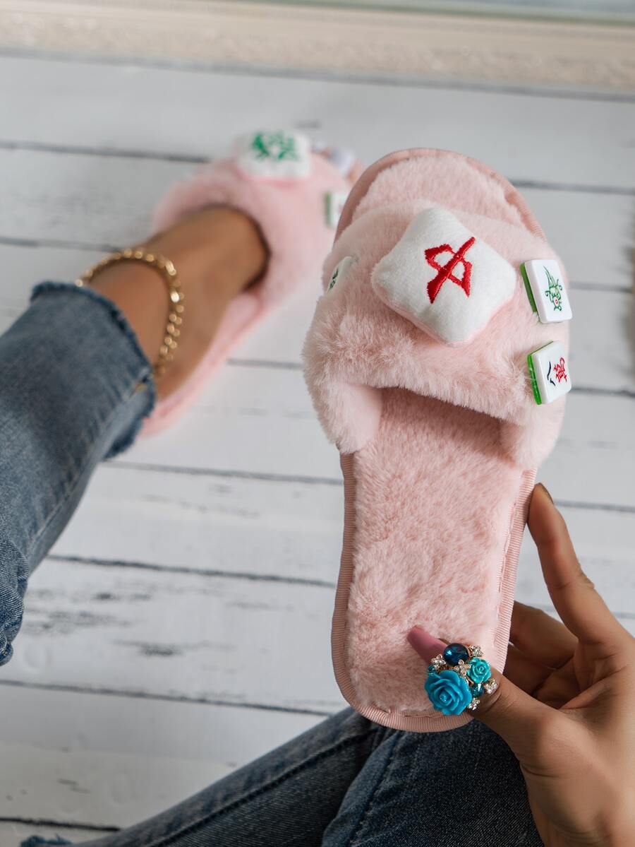 Mahjong Decor Fluffy Novelty Slippers - Baby Pink - View 1