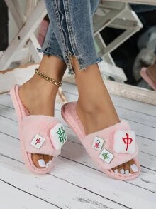 Mahjong Decor Fluffy Novelty Slippers - Baby Pink - View 3