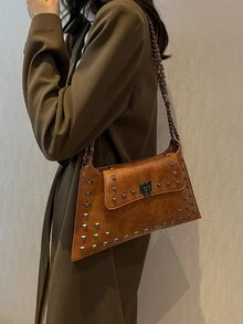Studded Decor Flap Square Bag - Coffee Brown - View 5