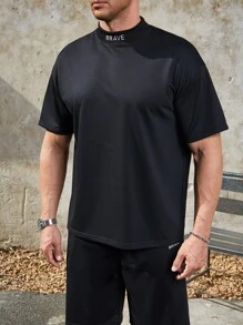 Manfinity Homme Hombres Shorts con camiseta con estampado de letra de cuello alto - Negro - Ver 5