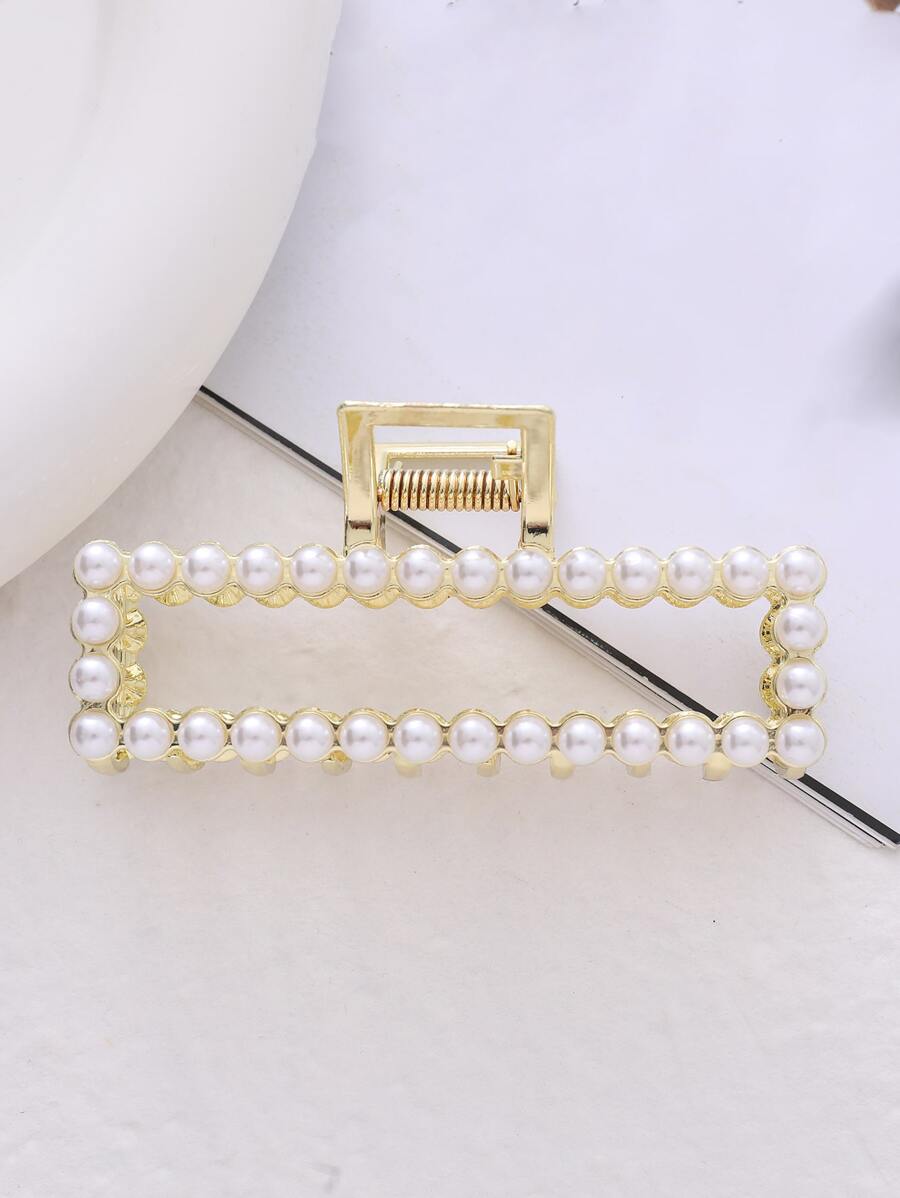 Faux Pearl Decor Rectangle Design Hair Claw - Gold - View 1