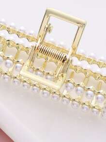 Faux Pearl Decor Rectangle Design Hair Claw - Gold - View 3