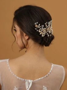 1 chiếc lược cài tóc thủ công hình lá vàng dành cho nữ, phụ kiện tóc pha lê tím thanh lịch, phụ kiện tóc ngọc trai xanh kiểu Mori lãng mạn cho công chúa, phụ kiện ngày Valentine. - Vàng - Xem 2