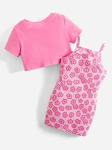 SHEIN 嬰兒印花吊帶連衣裙和短款T恤 - 粉色 - 查看 2