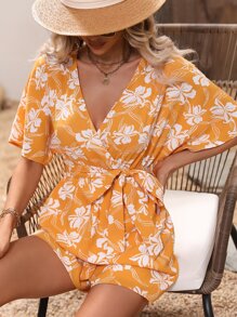 SHEIN VCAY Floral Print Batwing Sleeve Belted Romper - Yellow - View 2