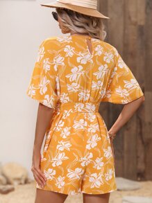 SHEIN VCAY Floral Print Batwing Sleeve Belted Romper - Yellow - View 3
