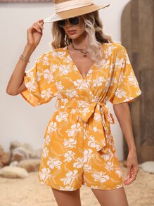 SHEIN VCAY Floral Print Batwing Sleeve Belted Romper - Yellow - View 5