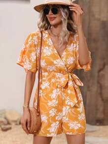 SHEIN VCAY Floral Print Batwing Sleeve Belted Romper - Yellow - View 6
