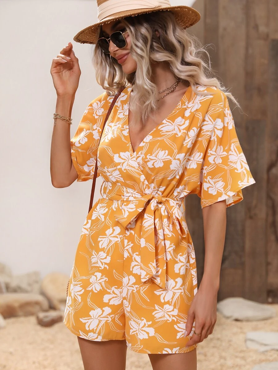 SHEIN VCAY Floral Print Batwing Sleeve Belted Romper - Yellow - View 1