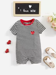 SHEIN Baby Striped Print Heart Print Striped Contrast Binding Romper - Black and White - View 1