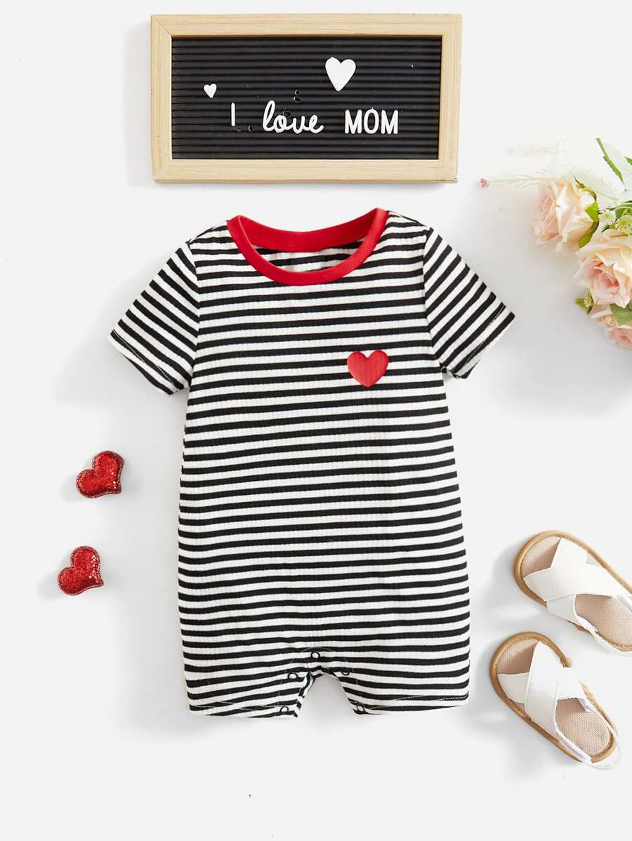 SHEIN Baby Striped Print Heart Print Striped Contrast Binding Romper - Black and White - View 1