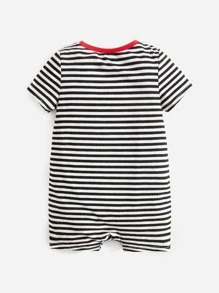 SHEIN Baby Striped Print Heart Print Striped Contrast Binding Romper - Black and White - View 2