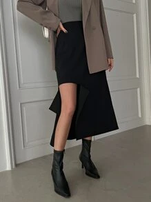 DAZY Solid Asymmetrical Hem Skirt - Black - View 3