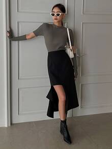 DAZY Solid Asymmetrical Hem Skirt - Black - View 4