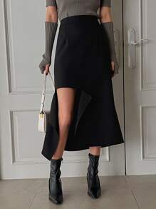 DAZY Solid Asymmetrical Hem Skirt - Black - View 5