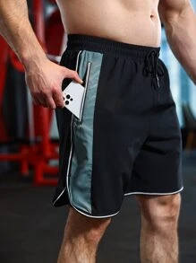 Men Contrast Side Seam Drawstring Waist Sports Shorts - Black - View 1