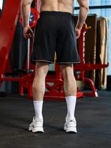 Men Contrast Side Seam Drawstring Waist Sports Shorts - Black - View 2