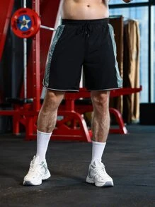 Men Contrast Side Seam Drawstring Waist Sports Shorts - Black - View 3