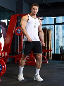 Men Contrast Side Seam Drawstring Waist Sports Shorts - Black - View 4