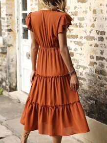 SHEIN VCAY 蝴蝶袖多層下擺前打結A字洋裝 - 鏽棕色 - 查看 3