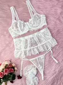 花卉蕾絲鋼圈吊帶襪內衣套裝 - 白色 - 查看 1
