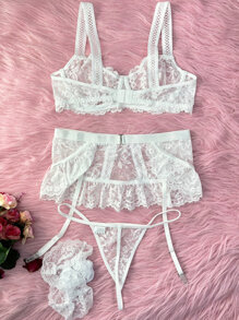 花卉蕾絲鋼圈吊帶襪內衣套裝 - 白色 - 查看 2
