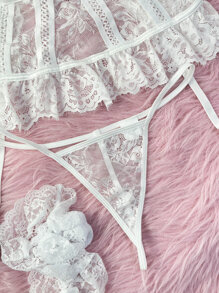 花卉蕾絲鋼圈吊帶襪內衣套裝 - 白色 - 查看 3