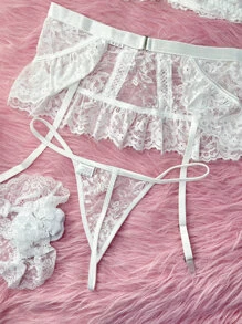 花卉蕾絲鋼圈吊帶襪內衣套裝 - 白色 - 查看 4