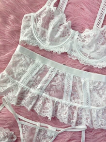 花卉蕾絲鋼圈吊帶襪內衣套裝 - 白色 - 查看 5