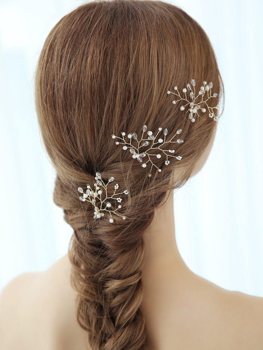 一套（3个）水晶和仿珍珠串珠简约优雅新娘发夹，适合婚礼、日常、度假、派对和节日场合 - 金色 - 查看 1