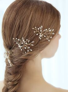 一套（3个）水晶和仿珍珠串珠简约优雅新娘发夹，适合婚礼、日常、度假、派对和节日场合 - 金色 - 查看 2