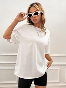 SHEIN EZwear Floral & Slogan Graphic Drop Shoulder Tee - White - View 5