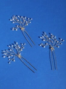 一套（3个）水晶和仿珍珠串珠简约优雅新娘发夹，适合婚礼、日常、度假、派对和节日场合 - 金色 - 查看 5