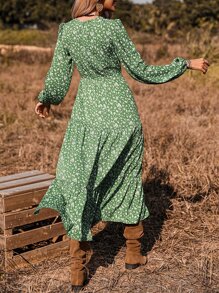 SHEIN VCAY Vestido con estampado floral de manga farol bajo con fruncido - Verde - Ver 4