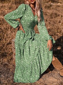 SHEIN VCAY Vestido con estampado floral de manga farol bajo con fruncido - Verde - Ver 6