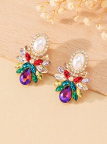 Rhinestone & Faux Pearl Decor Stud Earrings - Multicolor - View 4